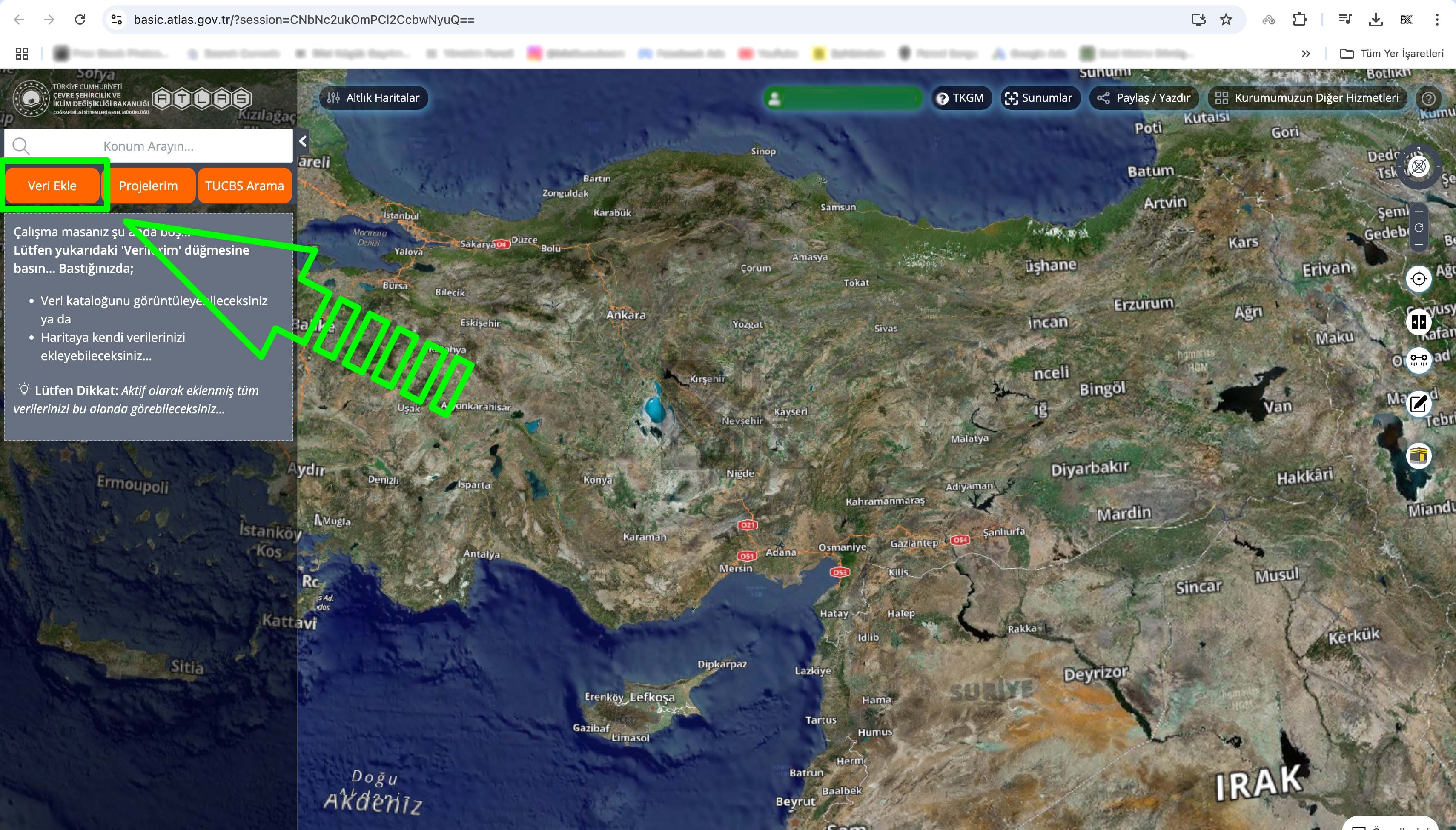 Atlas Basic sistemine girdikten sonra veri ekleme ekranını gösteren görsel