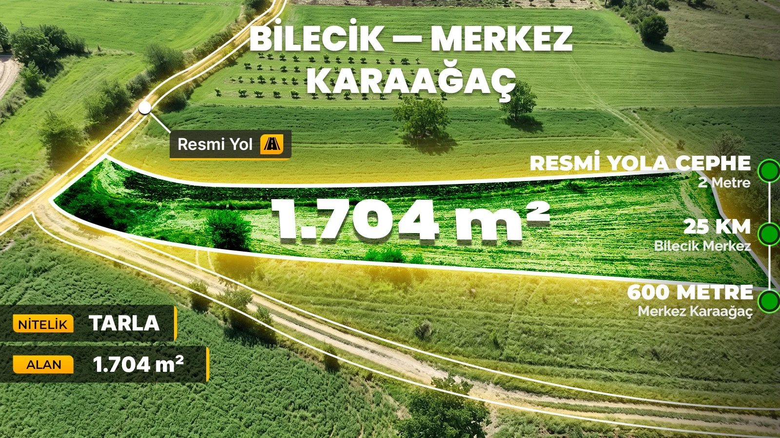 Bilecik Merkez Karaağaç'ta 1.704 m² Resmi Yollu, Avantajlı Konumda Arazi