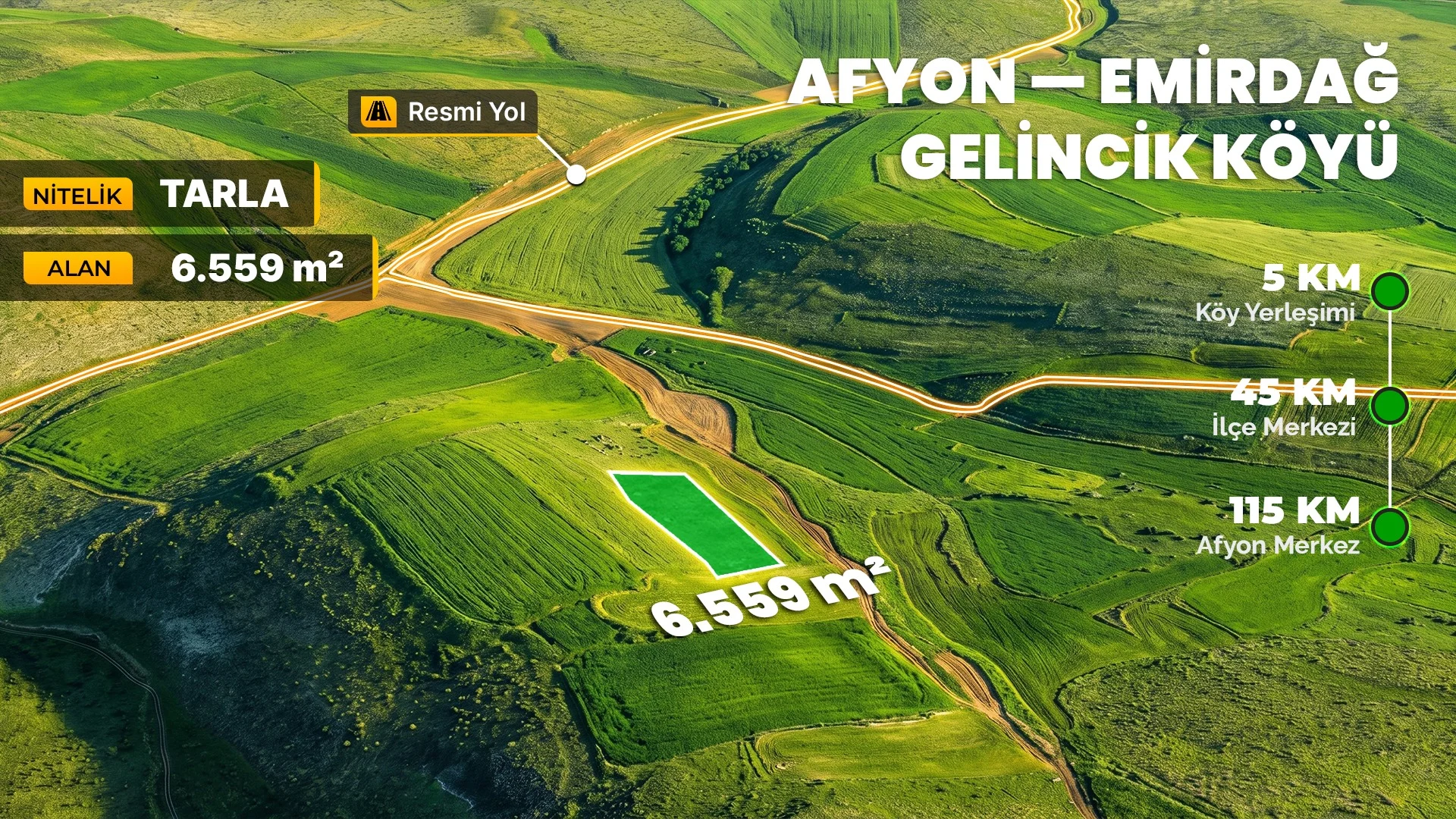 Afyonkarahisar Emirdağ Gelincik’te 6.559 m² Müstakil Tapulu Yatırımlık Arazi