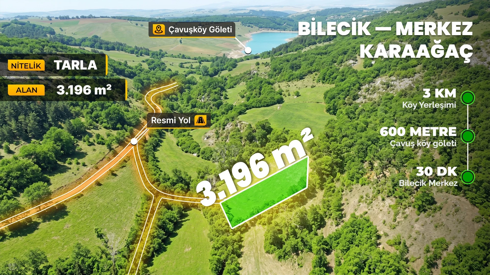 Bilecik Merkez Karaağaç Köyünde Yaz-Kış Akan Dereye Cepheli 3.196 m² Müstakil Tapulu Arazi