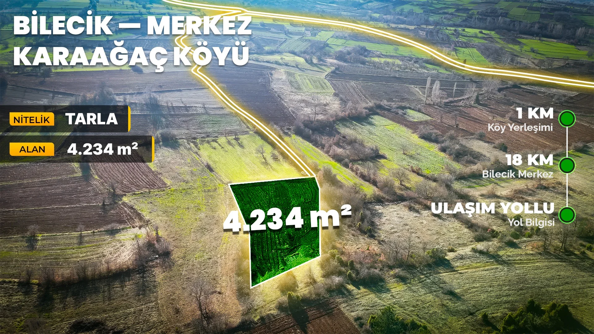 Bilecik Merkez Karaağaçta 4.234 m² Müstakil Tapulu Potansiyelli Bölgede Fırsat Arazi