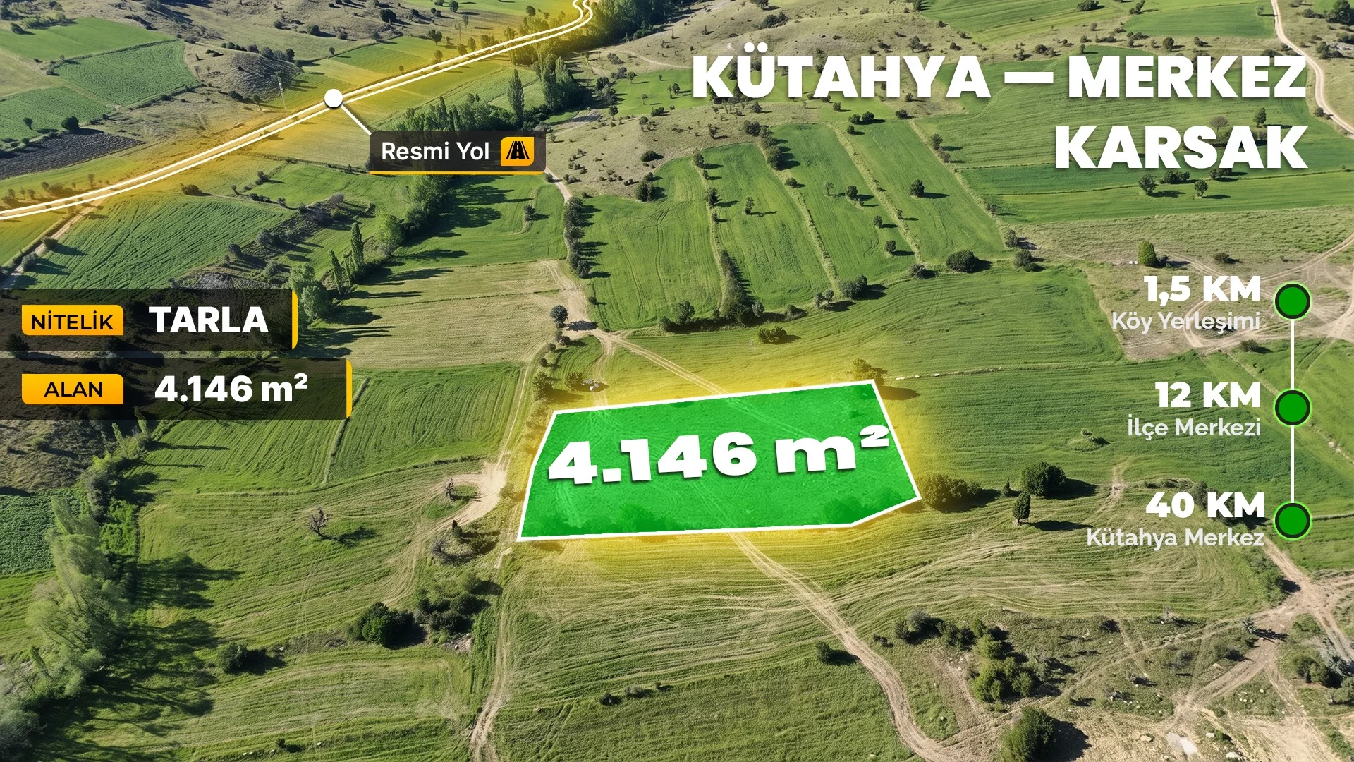 Kütahya Merkez Karsak'ta 4.146 m² Müstakil Tapulu Ulaşımı Kolay Arazi
