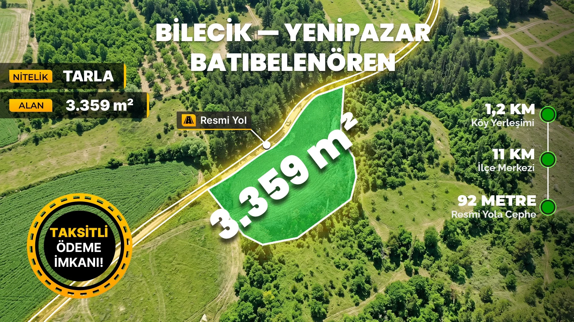 Bilecik Yenipazar Batıbelenören'de 3.359 m² Müstakil Tapulu, Resmi Yola Cepheli Fırsat Arazi