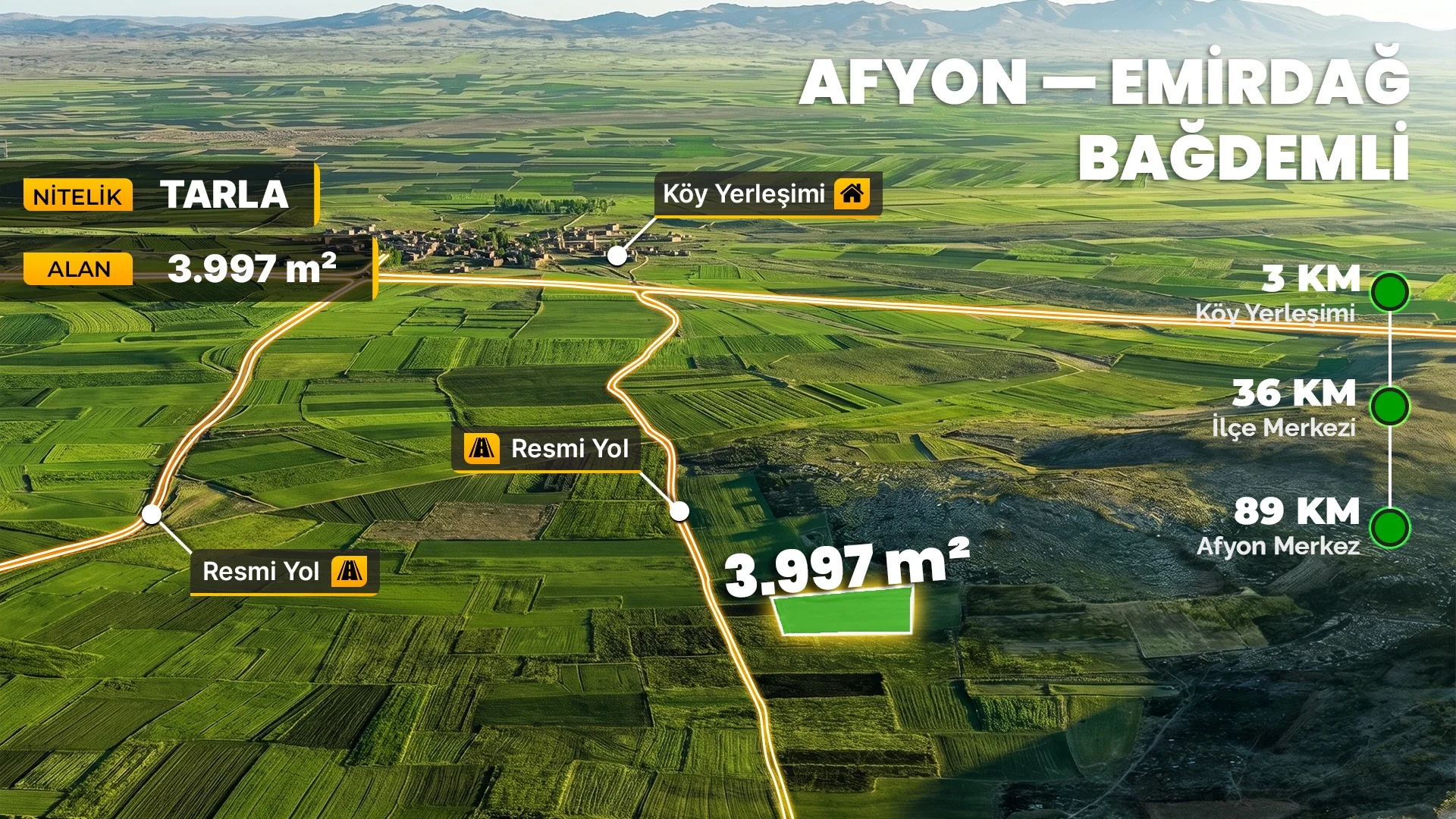 Afyonkarahisar Emirdağ Bademli/Zafer'de 3.997 m² Yatırımlık Müstakil Tapulu Arazi