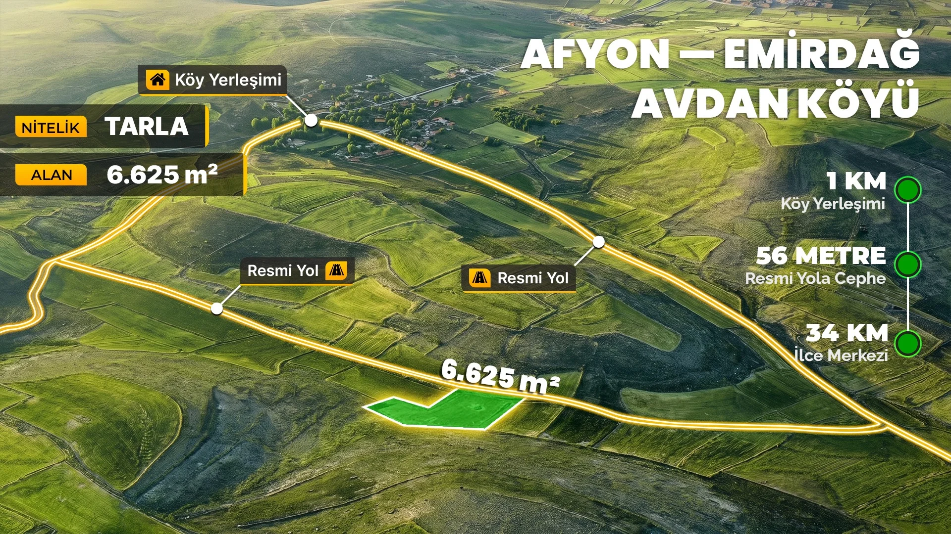 Afyonkarahisar Emirdağ Avdan'da 6.625 m² Müstakil tapulu, Resmi yollu Uygun Fiyatlı Arazi
