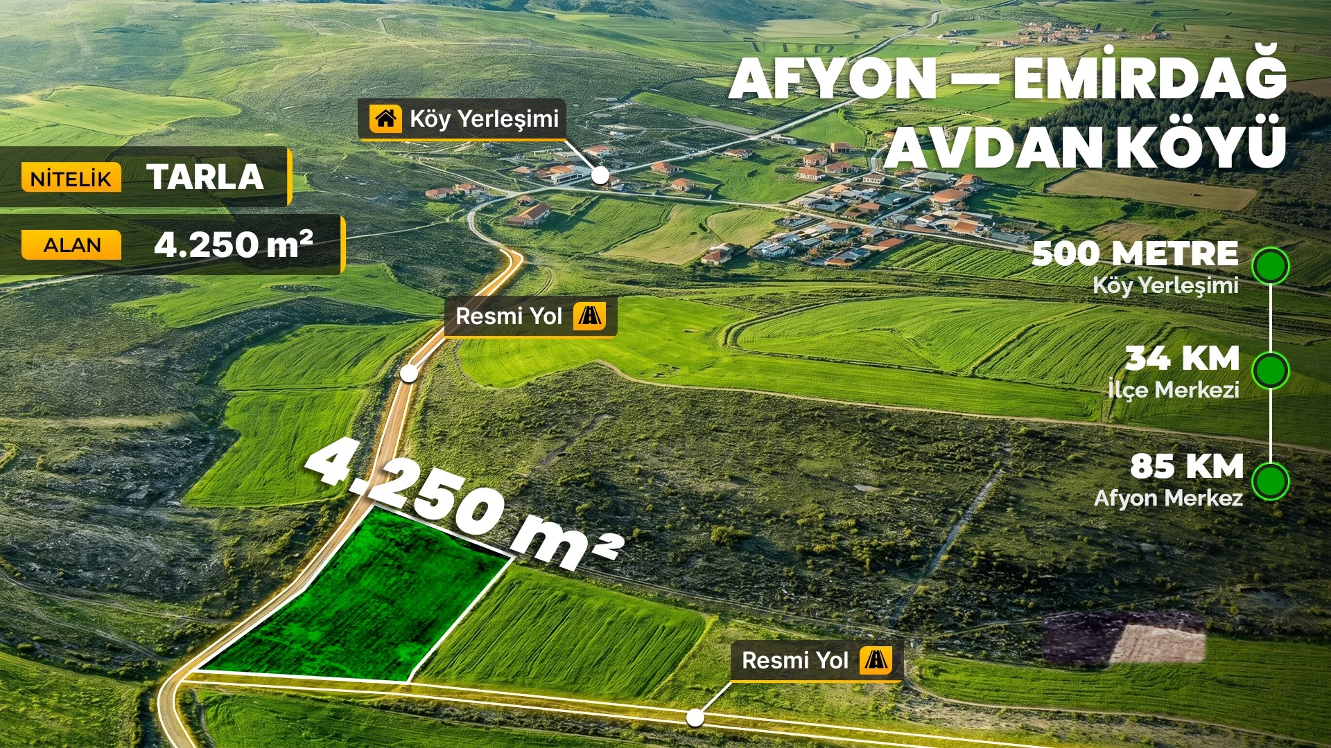 Afyonkarahisar Emirdağ Avdan'da 4.250 m² Köy Yerleşimine Yakın, Resmi Yola Cepheli Fırsat Arazi