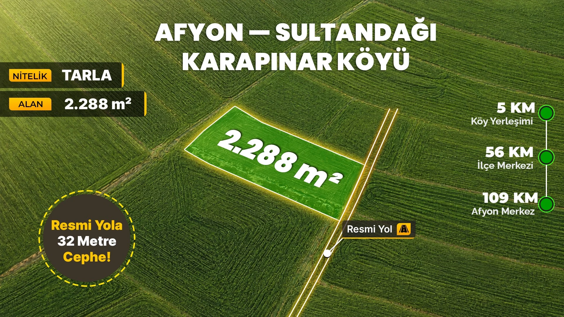 Afyonkarahisar Sultandağı Karapınar İnönü'de 2.288 m² Müstakil Tapulu Uygun Fiyatlı Arazi